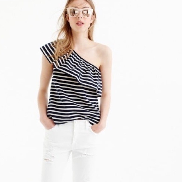 J. Crew Navy and White Striped One Shoulder Sleeveless Top - Picture 2 of 12